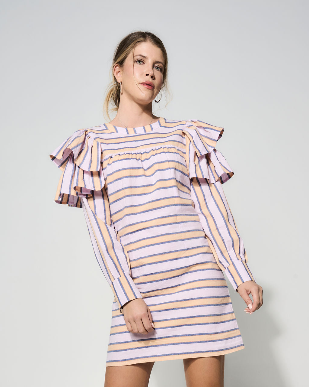 Striped Mini Dress With Shoulder Ruffles Free Au Shipping GILD