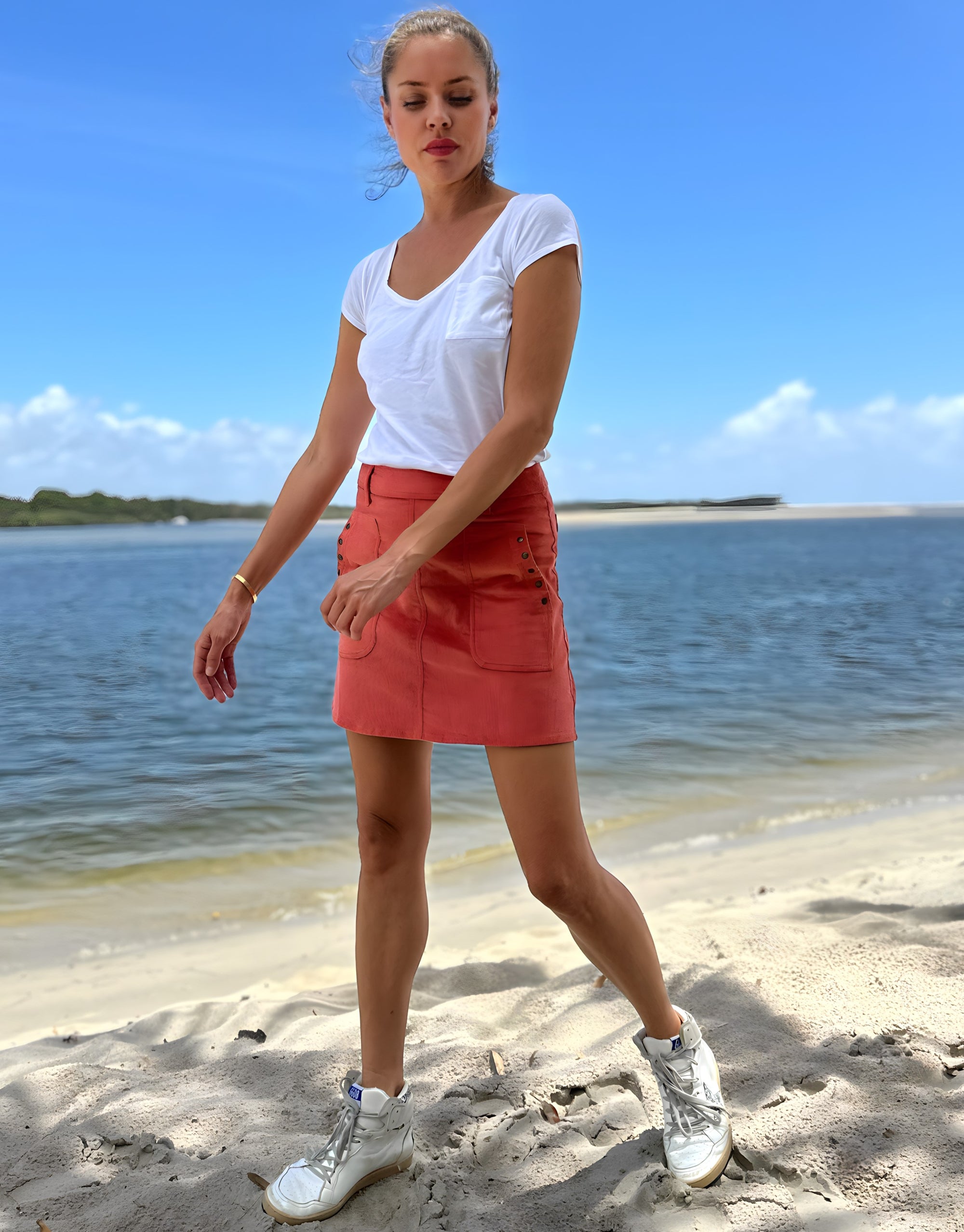 ARMANDE  cord  a-line mini skirt - coral