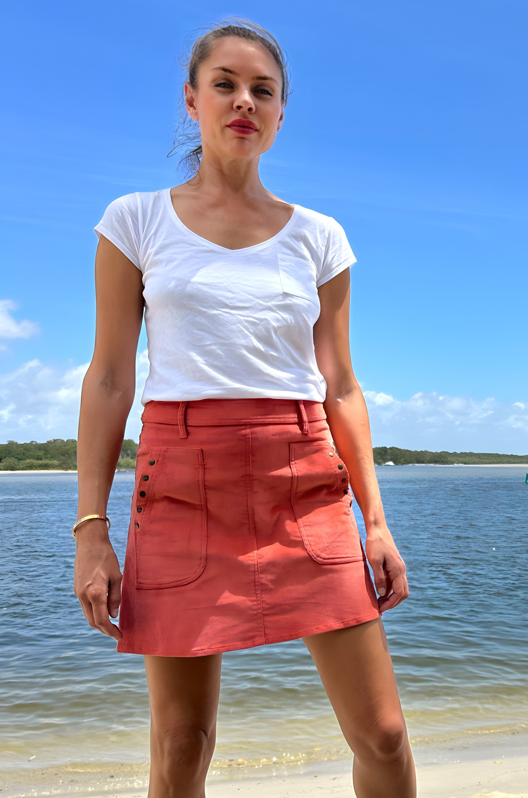 ARMANDE  cord  a-line mini skirt - coral