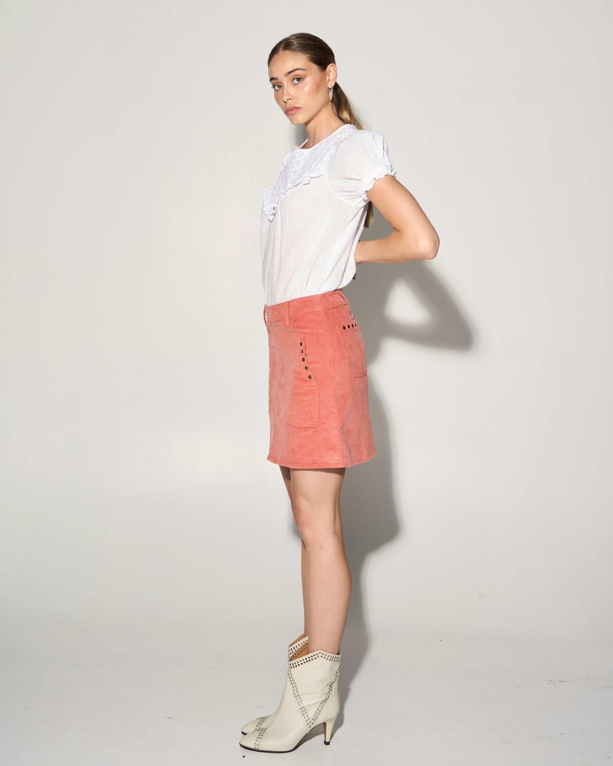 ARMANDE  cord  a-line mini skirt - coral