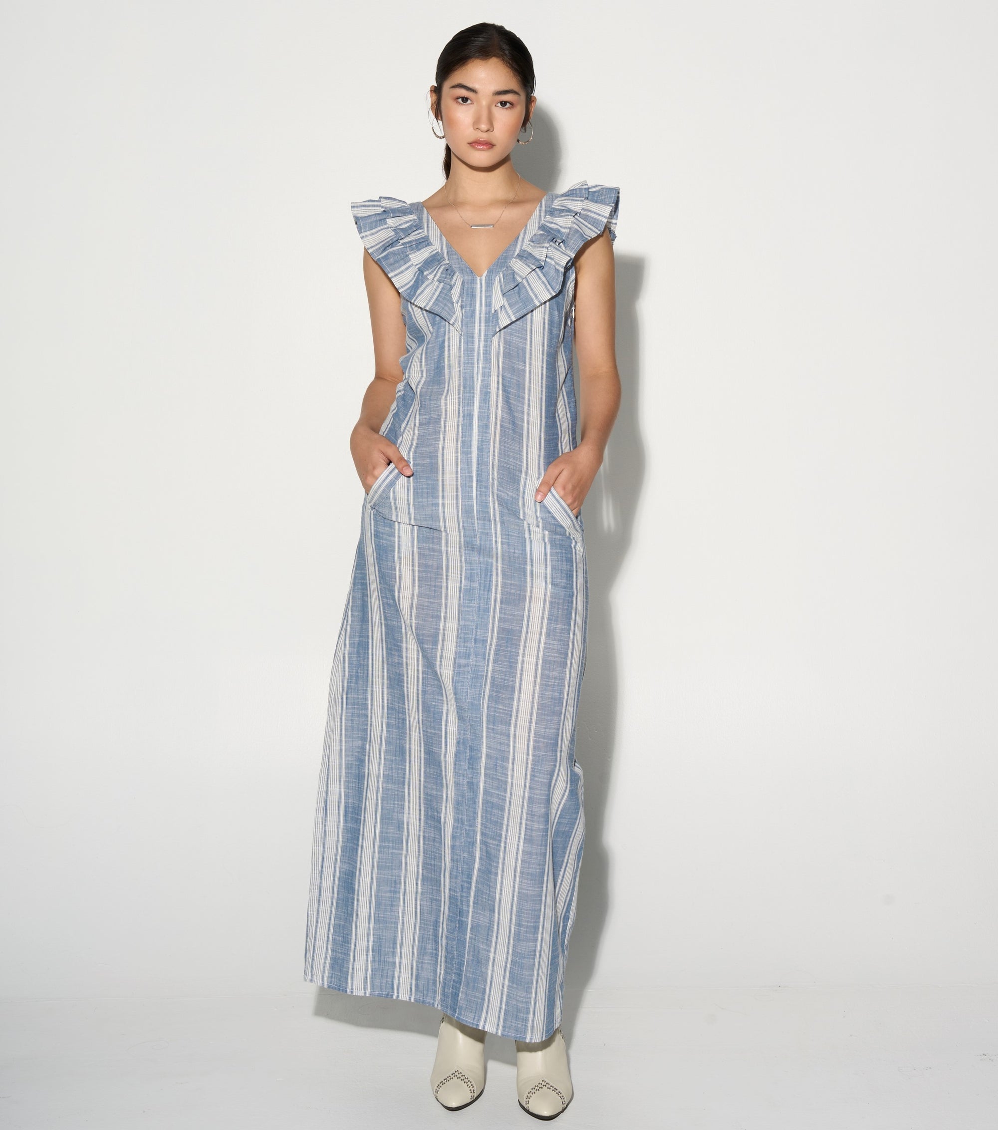 ALODIE stripe maxi dress with ruffles