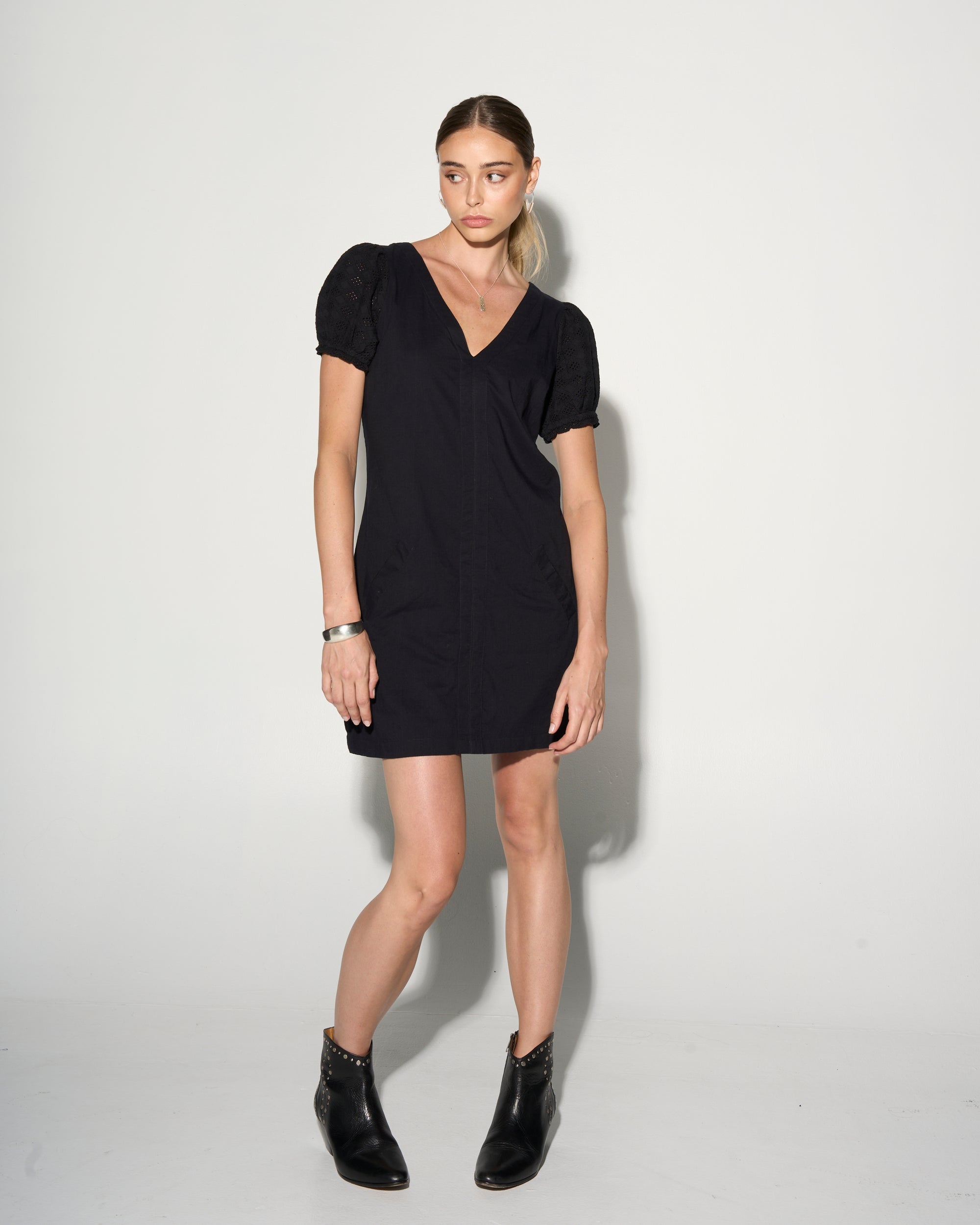 INES Black Shift Dress with Puff Shoulders