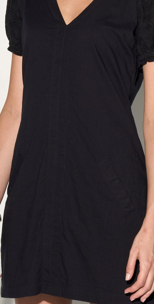 INES Black Shift Dress with Puff Shoulders