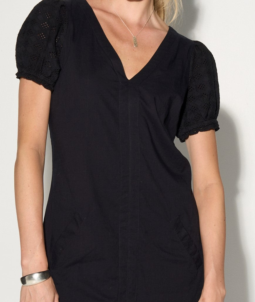 INES Black Shift Dress with Puff Shoulders