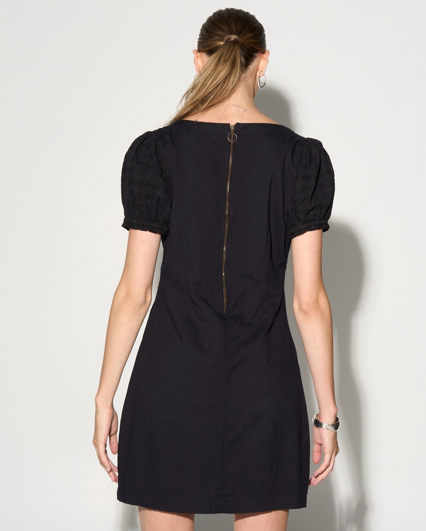 INES Black Shift Dress with Puff Shoulders