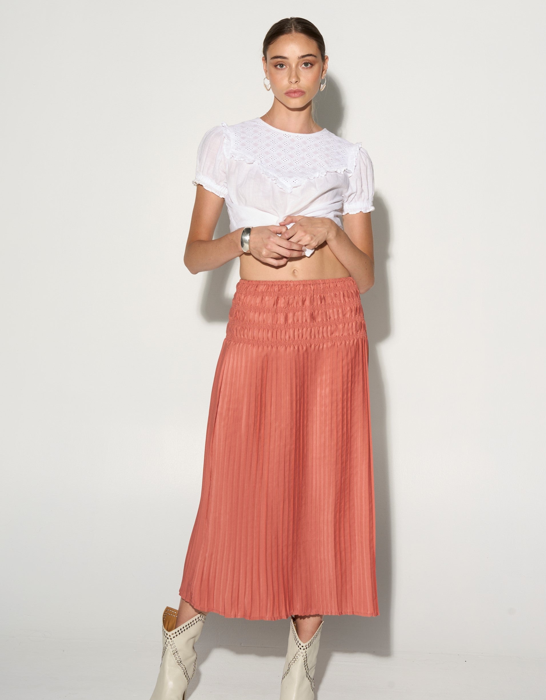 ELEA Coral pink pleated midi skirt