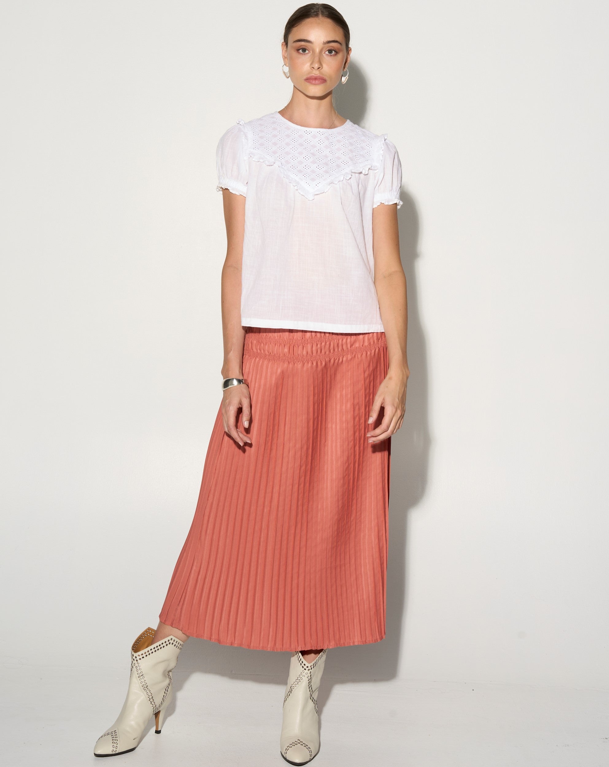 ELEA Coral pink pleated midi skirt